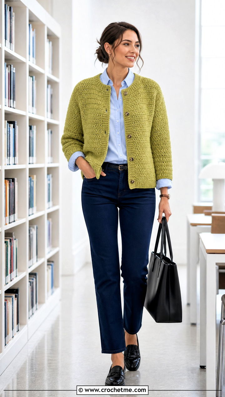 Collarless Puffy Crochet Cardigan With Button Down Shirt - 30 puffy crochet cardigan outfit ideas