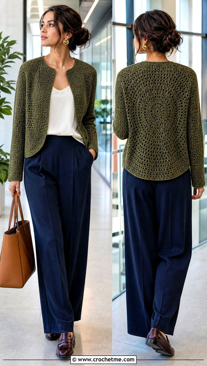 Collarless Round Crochet Cardigan With Pleated Pants - 35 round crochet cardigan outfit ideas