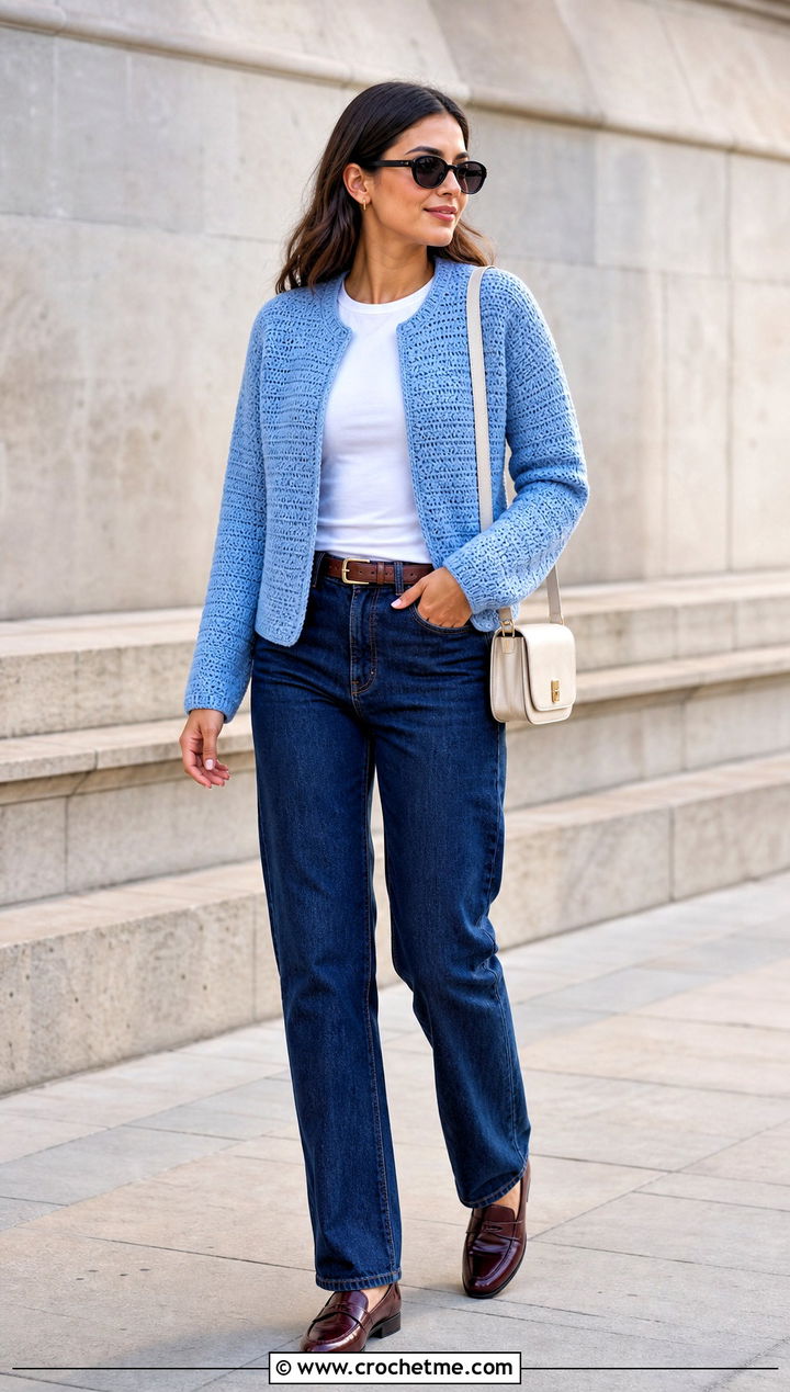 Collarless Single Crochet Cardigan With Straight Leg Jeans - 25 single crochet cardigan outfit ideas