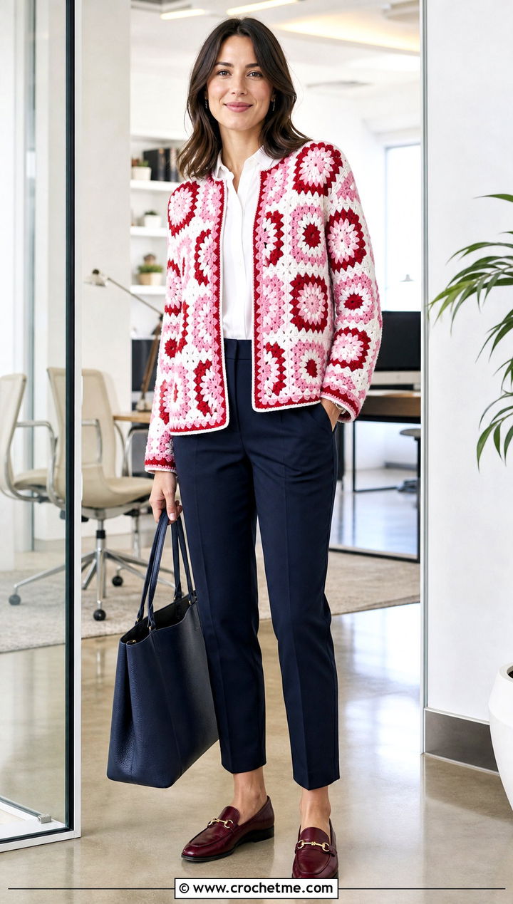 Collarless Sunburst Granny Square Cardigan With White Shirt - 35 sunburst granny square cardigan outfit ideas