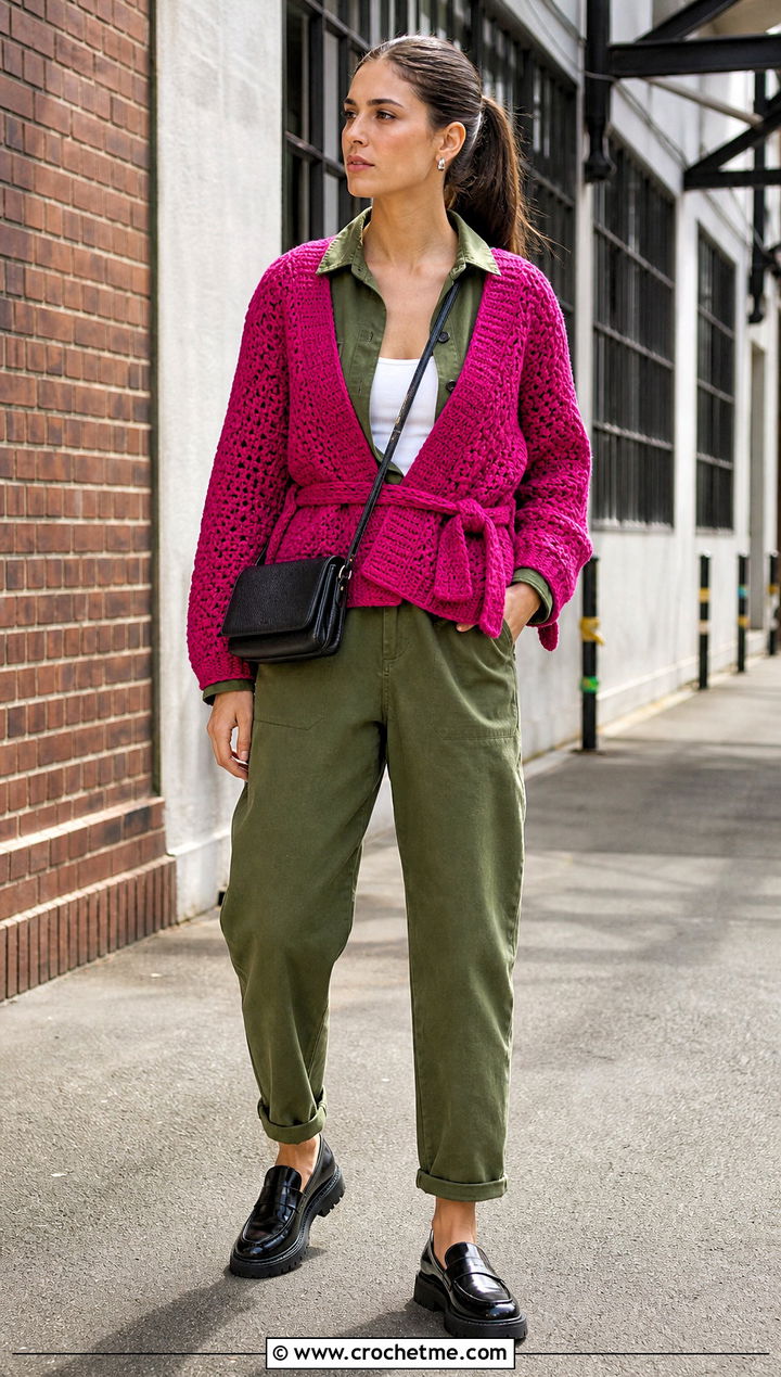 Collarless Wrap Crochet Cardigan With Utility Jumpsuit - 30 wrap crochet cardigan outfit ideas
