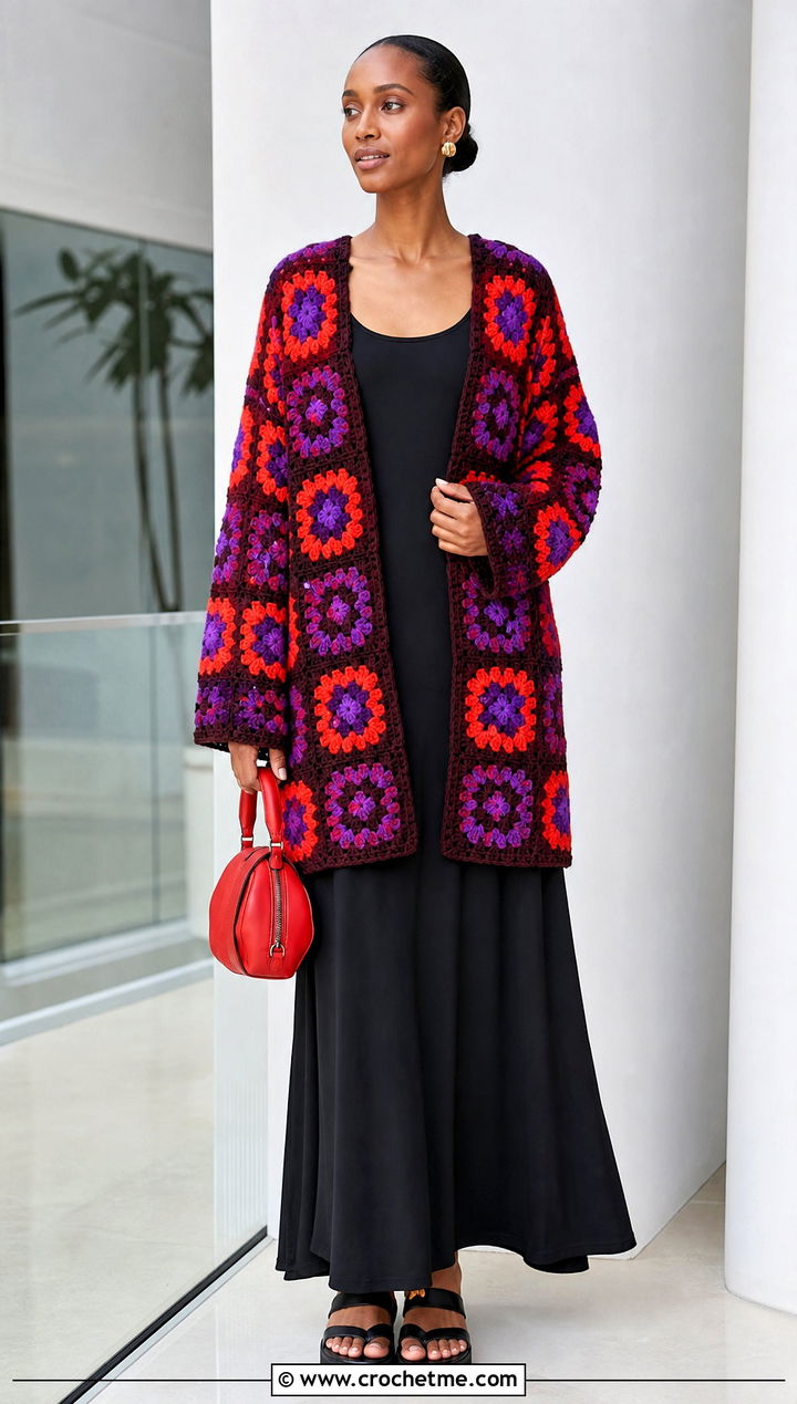 Color Block African Flower Crochet Cardigan With Black Maxi Dress - 30 african flower crochet cardigan outfit ideas