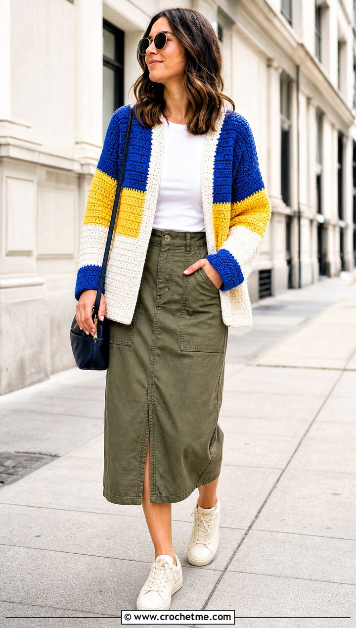 Color Block Alpine Stitch Crochet Cardigan With Utility Skirt - 25 Alpine Stitch Crochet Cardigan outfit ideas