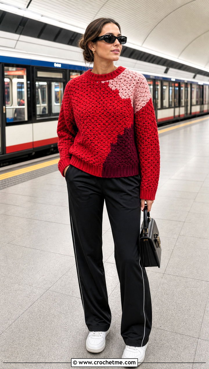 Color Block Alpine Stitch Sweater With Track Pants - 25 crochet alpine stitch sweater outfit ideas