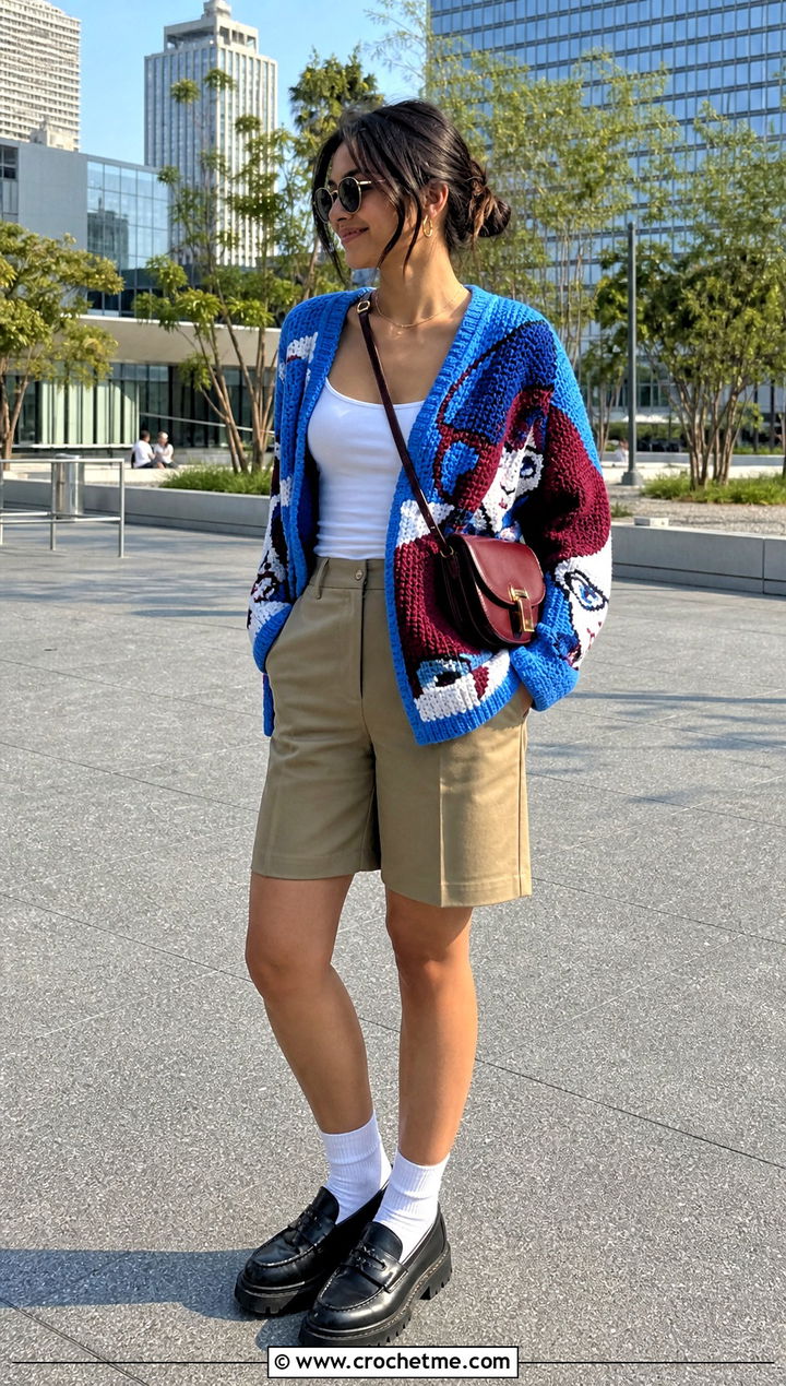Color Block Anime Crochet Cardigan With Bermuda Shorts - 30 anime crochet cardigan outfit ideas