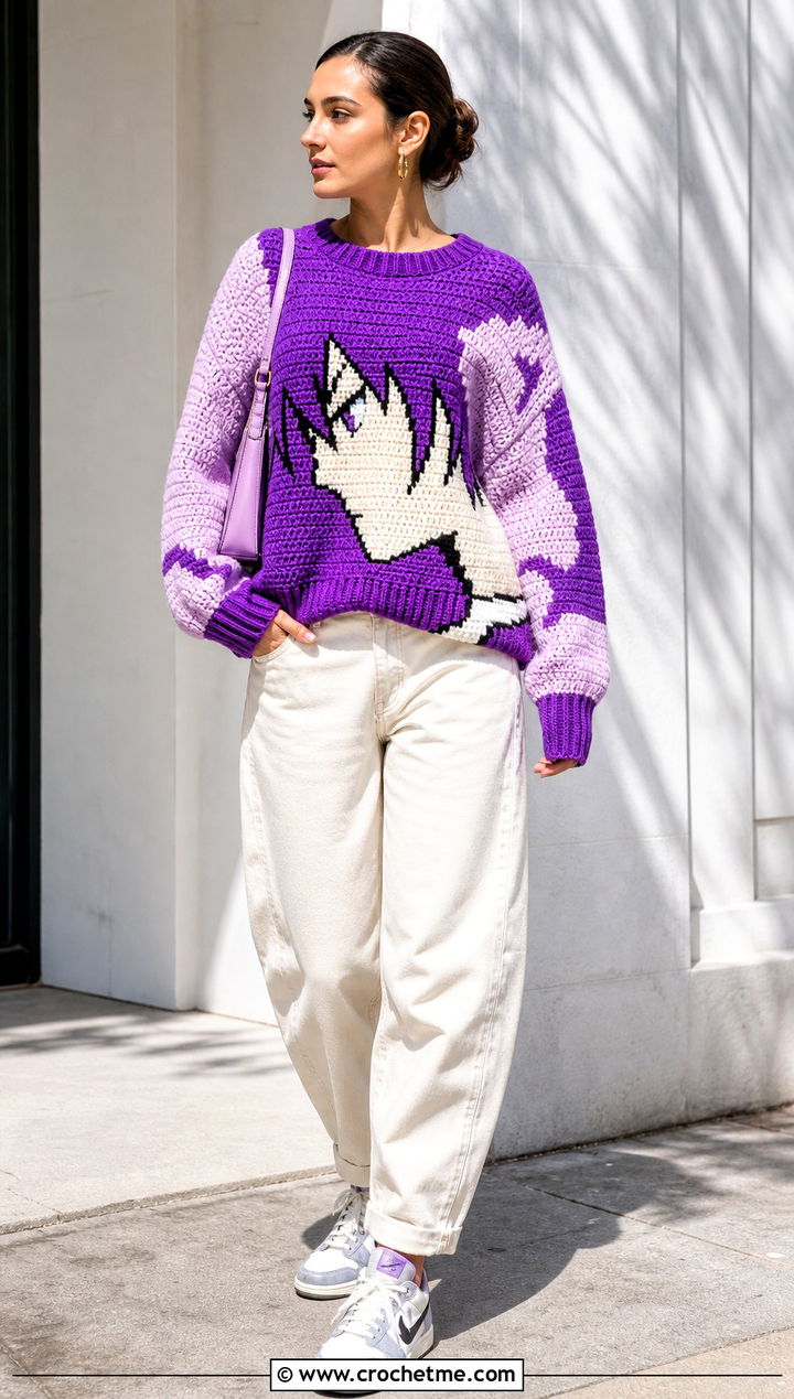 Color Block Anime Crochet Sweater With White Jeans - 30 Anime Crochet Sweater outfit ideas