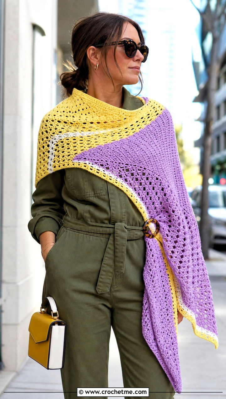 Color Block Asymmetrical Crochet Shawl With Utility Jumpsuit - 30 asymmetrical crochet shawl outfit ideas