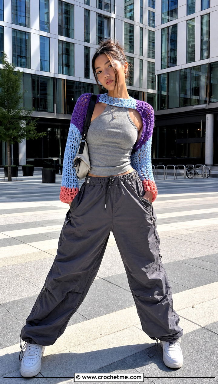 Color Block Ballet Crochet Shrug With Parachute Pants - 20 Ballet Crochet Shrug outfit ideas