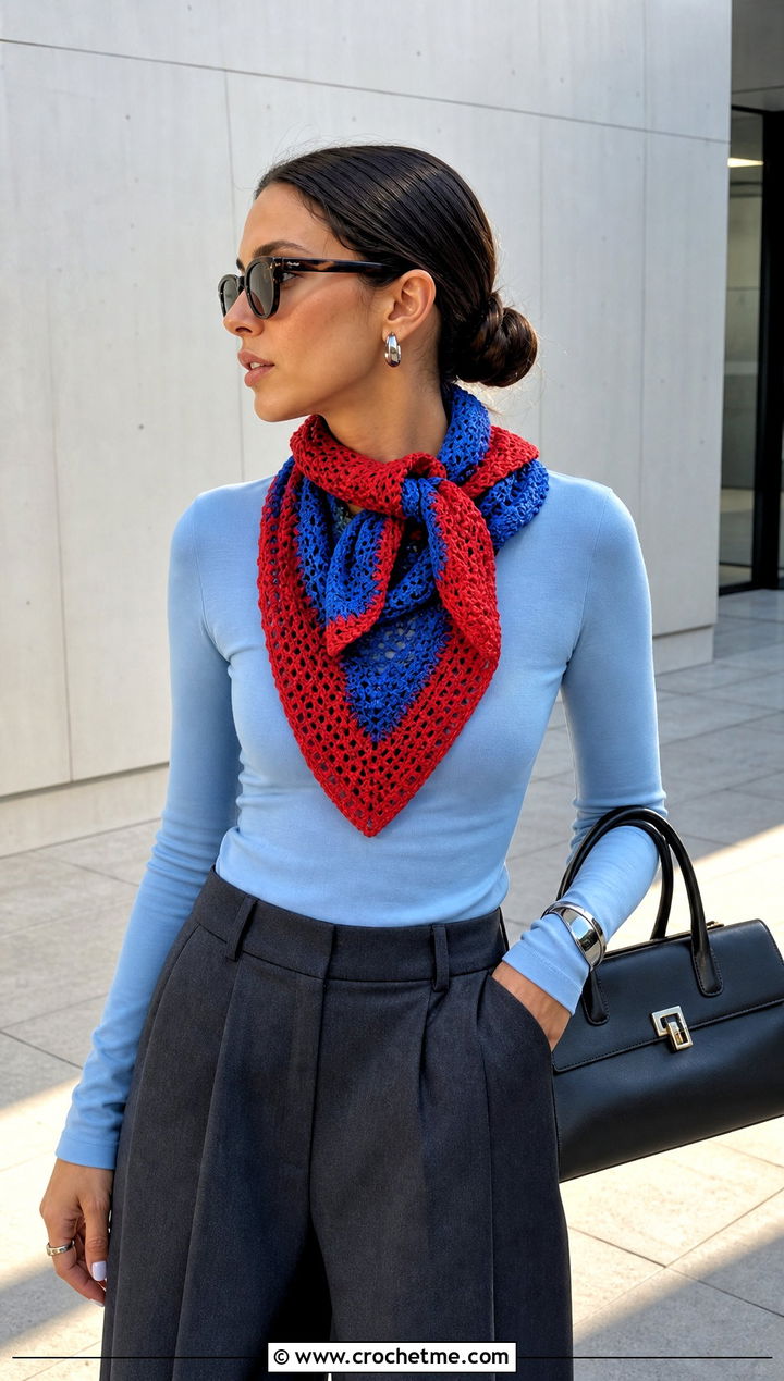 Color Block Bandana Crochet Scarf With Wide Leg Trousers - 20 Bandana Crochet Scarf outfit ideas