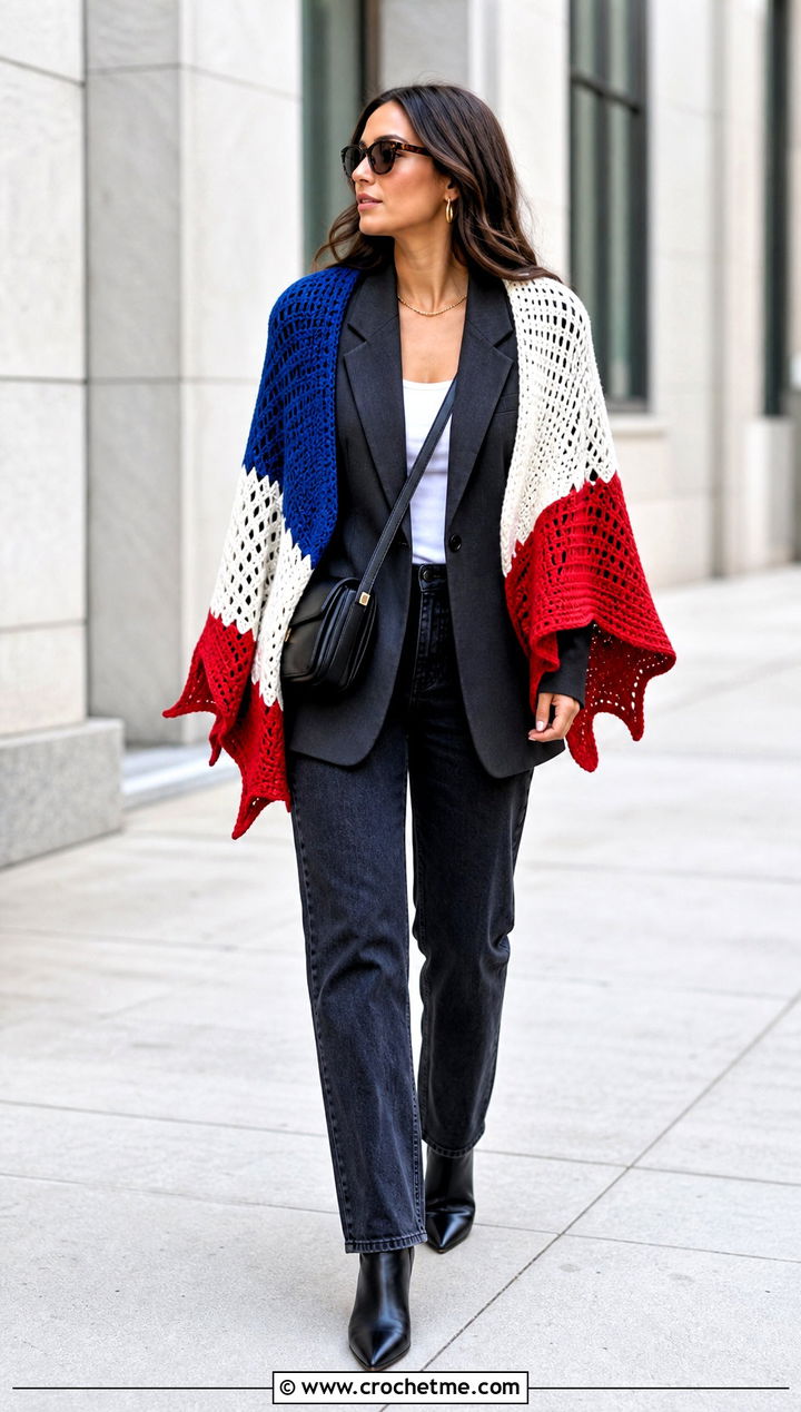 Color Block Bat Wing Crochet Shawl With Blazer And Jeans - 25 bat wing crochet shawl outfit ideas