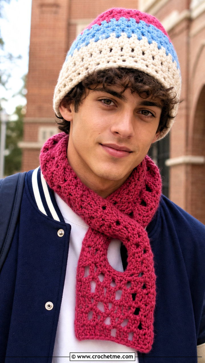 Color Block Beanie And Keyhole Scarf With Varsity Jacket - 15 Mens Crochet Hat And Scarf outfit ideas