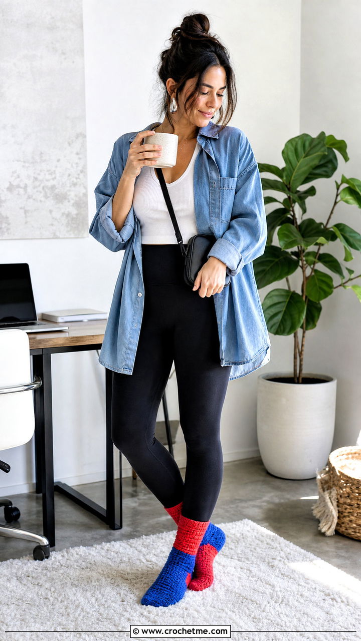 Color Block Bed Socks With Denim Shirt Outfit - 35 crochet bed socks outfit ideas