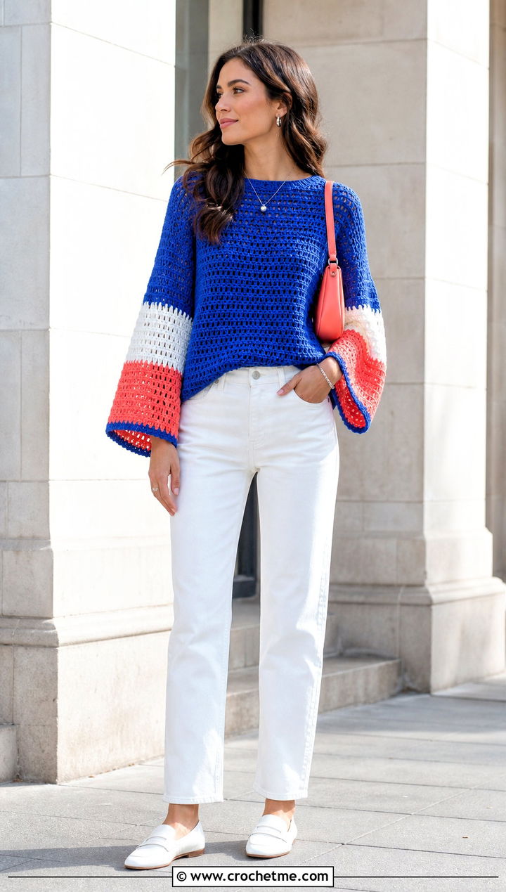 Color Block Bell Sleeve Crochet Sweater With White Jeans - 25 bell sleeve crochet sweater outfit ideas