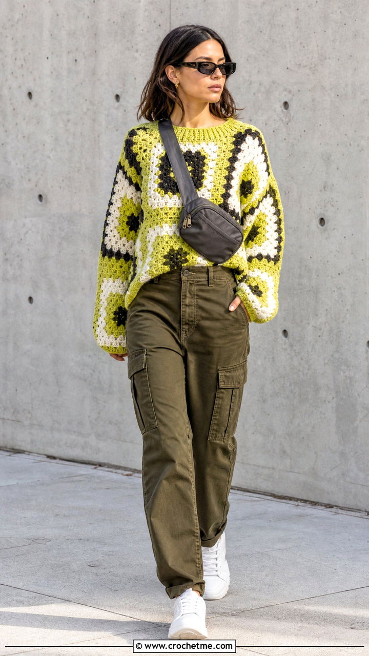 Color Block Big Granny Square Sweater With Cargo Pants - 35 big granny square sweater outfit ideas