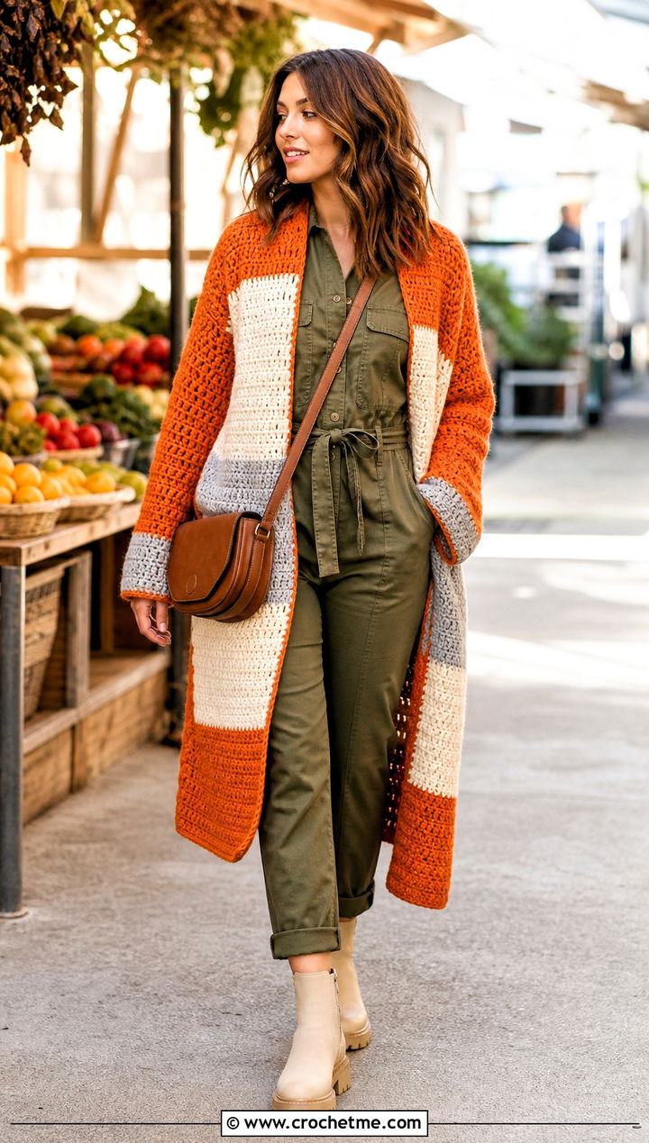 Color Block Blanket Crochet Cardigan With Utility Jumpsuit - 25 blanket crochet cardigan outfit ideas