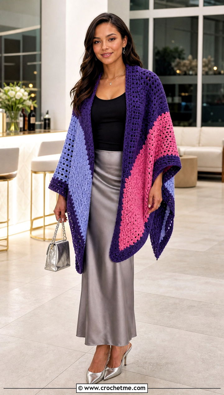 Color Block Blanket Crochet Poncho With Satin Slip Skirt - 15 Blanket Crochet Poncho outfit ideas
