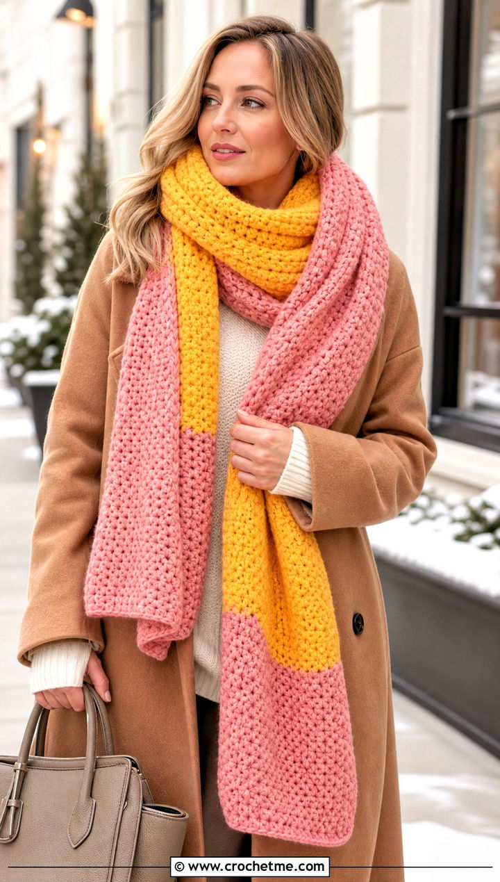 Color Block Blanket Crochet Scarf With Camel Coat - 30 2 color crochet scarf outfit ideas