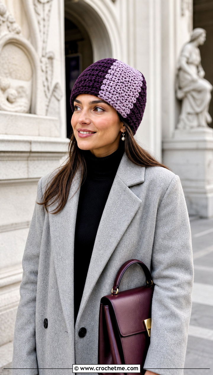 Color Block Blanket Yarn Crochet Beanie With Wool Coat - 15 blanket yarn crochet beanie outfit ideas