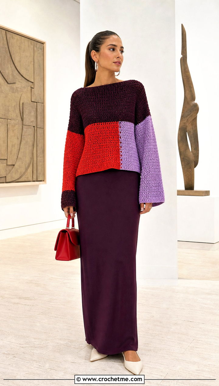 Color Block Boat Neck Crochet Sweater With Maxi Skirt - 15 boat neck crochet sweater outfit ideas