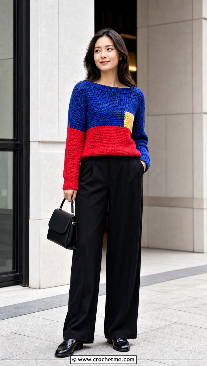 Color Block Boatneck Crochet Sweater With Black Trousers - 25 Boatneck Crochet Sweater outfit ideas