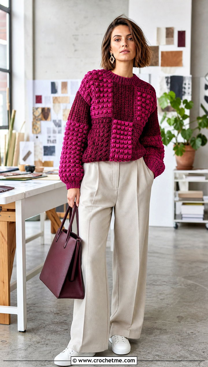 Color Block Bobble Sweater With Neutral Trousers - 25 crochet bobble sweater outfit ideas