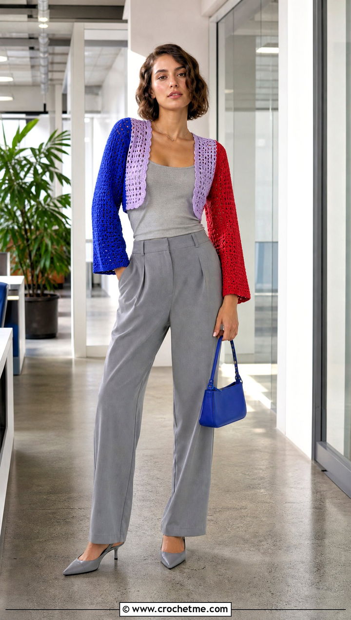 Color Block Bolero With Monochrome Outfit - 35 crocheted bolero outfit ideas