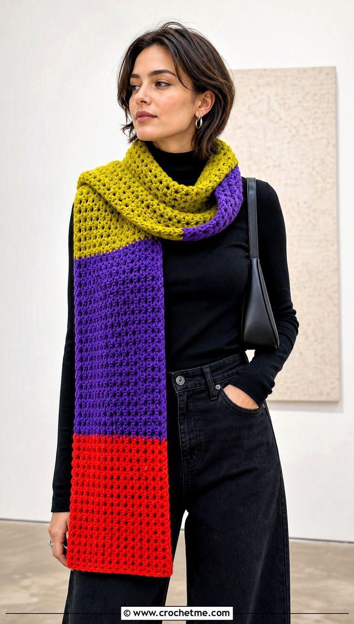 Color Block Bonfire Scarf With Monochrome Outfit - 20 Crochet Bonfire Scarf outfit ideas