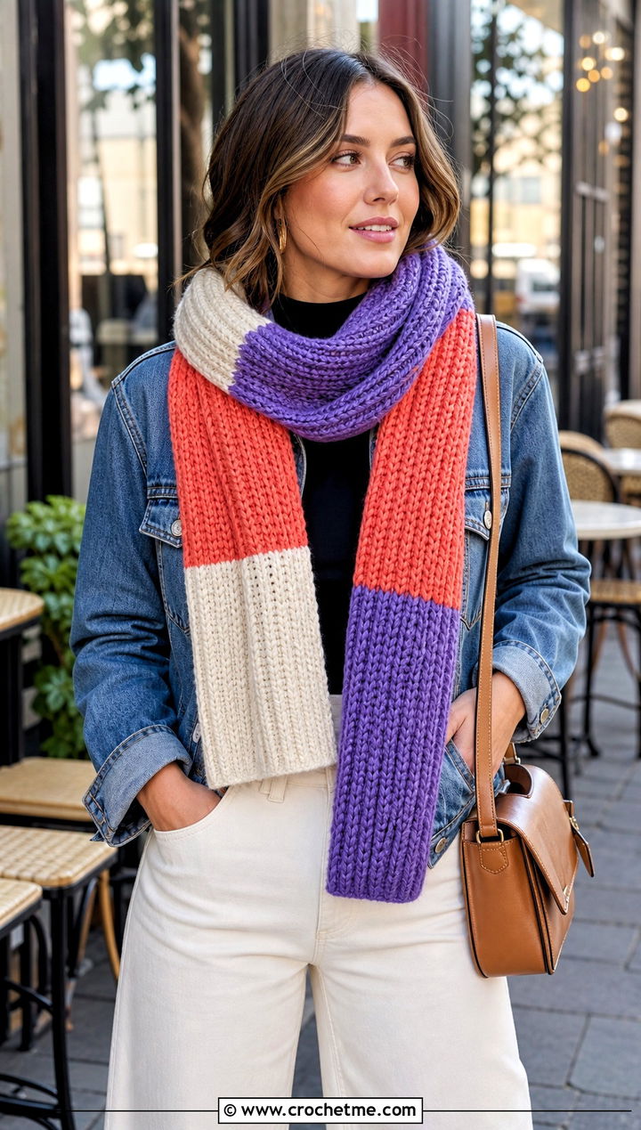 Color Block Brioche Crochet Scarf With Denim Jacket - 25 Brioche Crochet Scarf outfit ideas