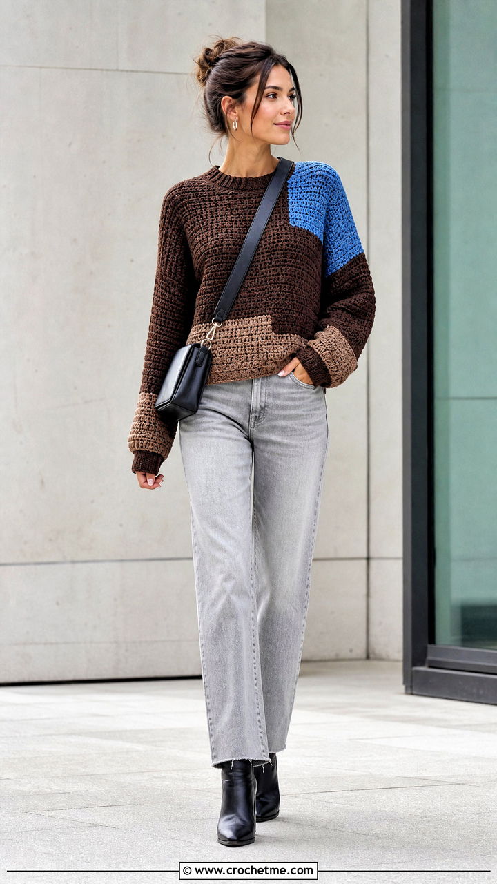 Color Block Brown Crochet Sweater With Gray Jeans - 35 crochet brown sweater outfit ideas
