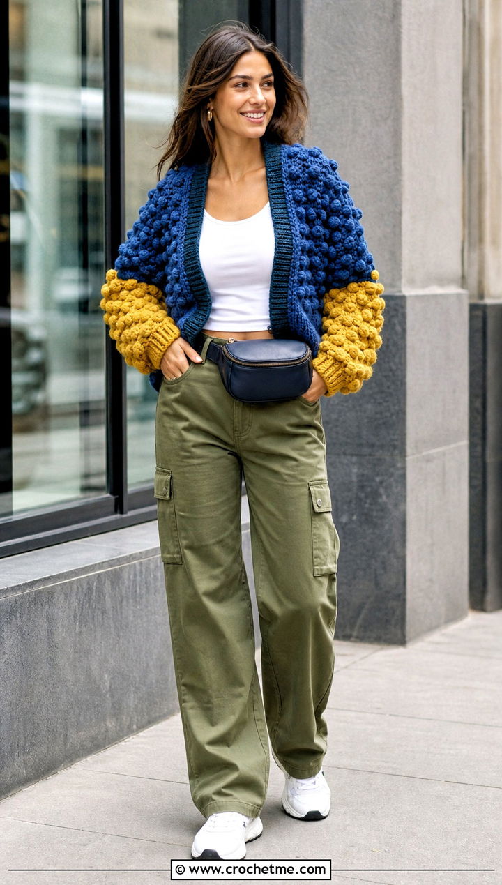 Color Block Bubble Cardigan With Cargo Pants - 15 Crochet Bubble Cardigan outfit ideas