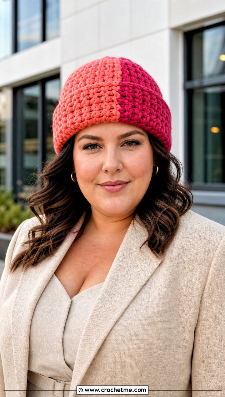 Color Block Bulky Crochet Beanie With Neutral Suit - 30 bulky crochet beanie outfit ideas