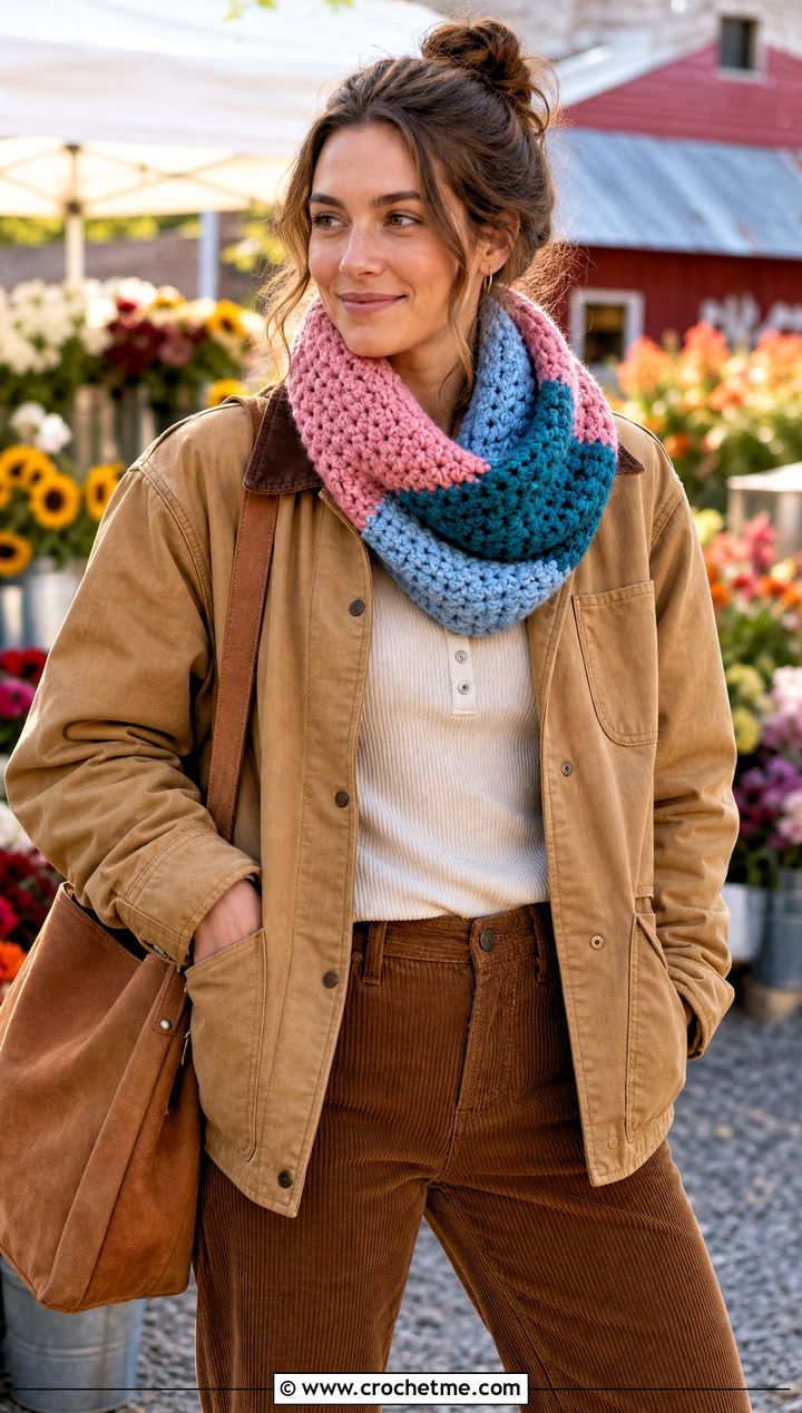 Color Block Bulky Crochet Cowl With Barn Jacket - 20 Bulky Crochet Cowl outfit ideas