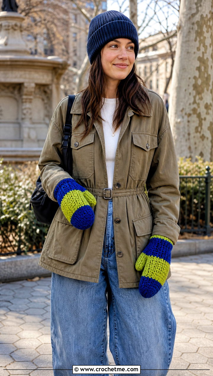Color Block Bulky Crochet Mittens With Utility Jacket - 20 Crochet Mittens Bulky Yarn outfit ideas