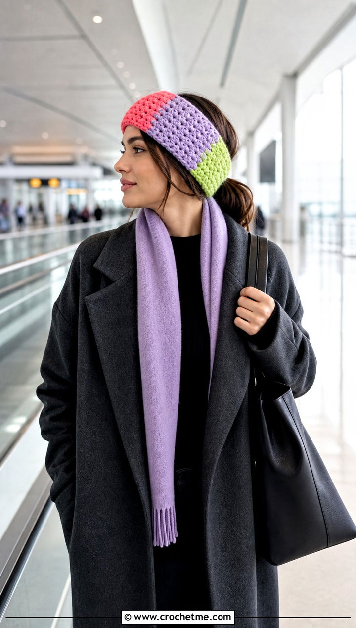 Color Block Bulky Yarn Crochet Ear Warmer With Maxi Coat - 20 Bulky Yarn Crochet Ear Warmer outfit ideas