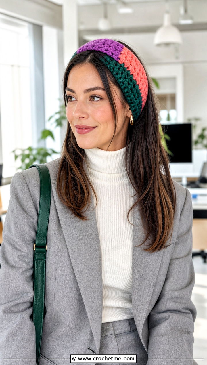 Color Block Bulky Yarn Crochet Headband With Neutral Suit - 25 bulky yarn crochet headband outfit ideas