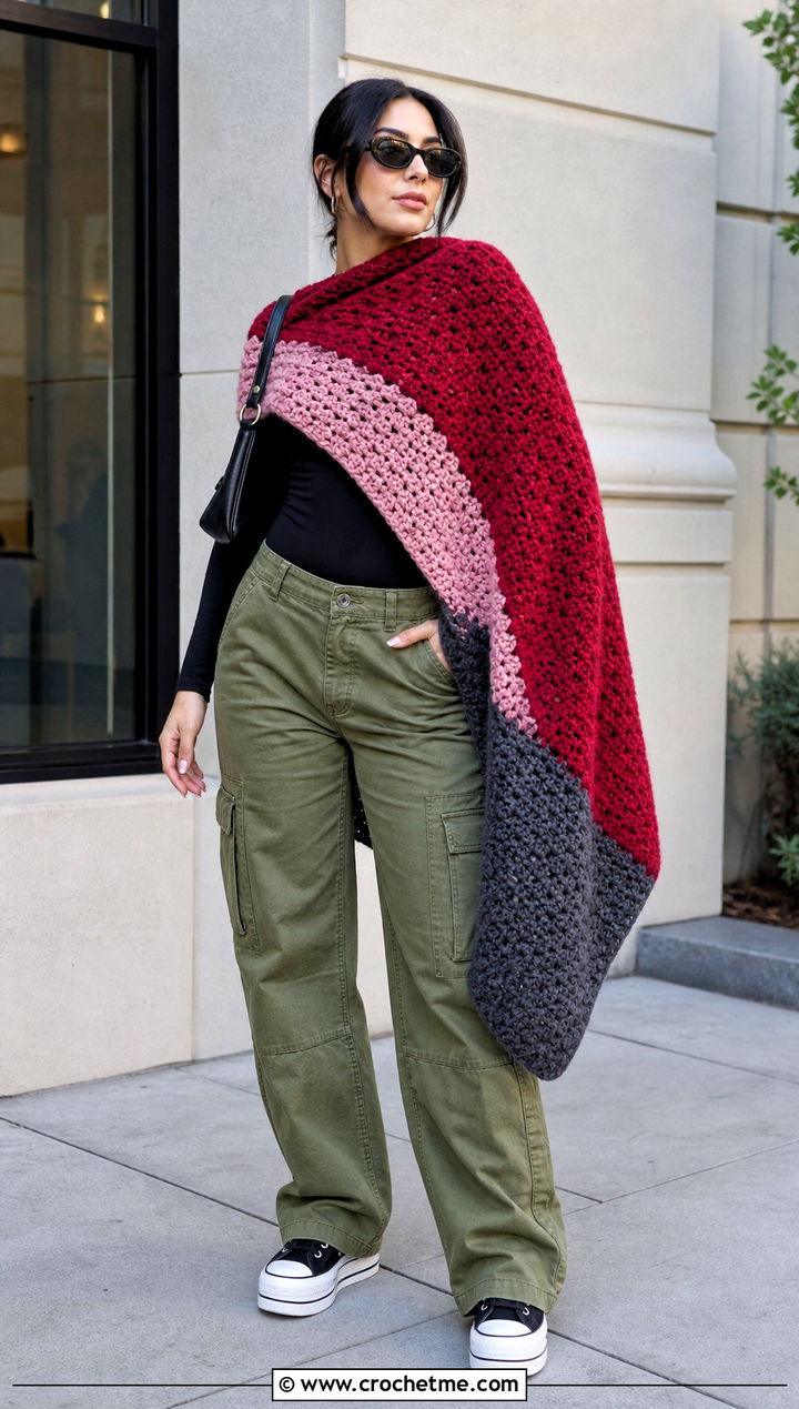 Color Block Bulky Yarn Crochet Shawl With Cargo Pants - 20 Bulky Yarn Crochet Shawl outfit ideas