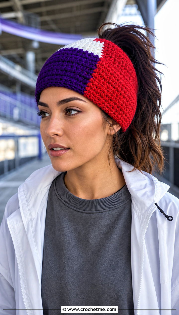 Color Block Bun Hat With Track Pants - 15 bun crochet hat outfit ideas