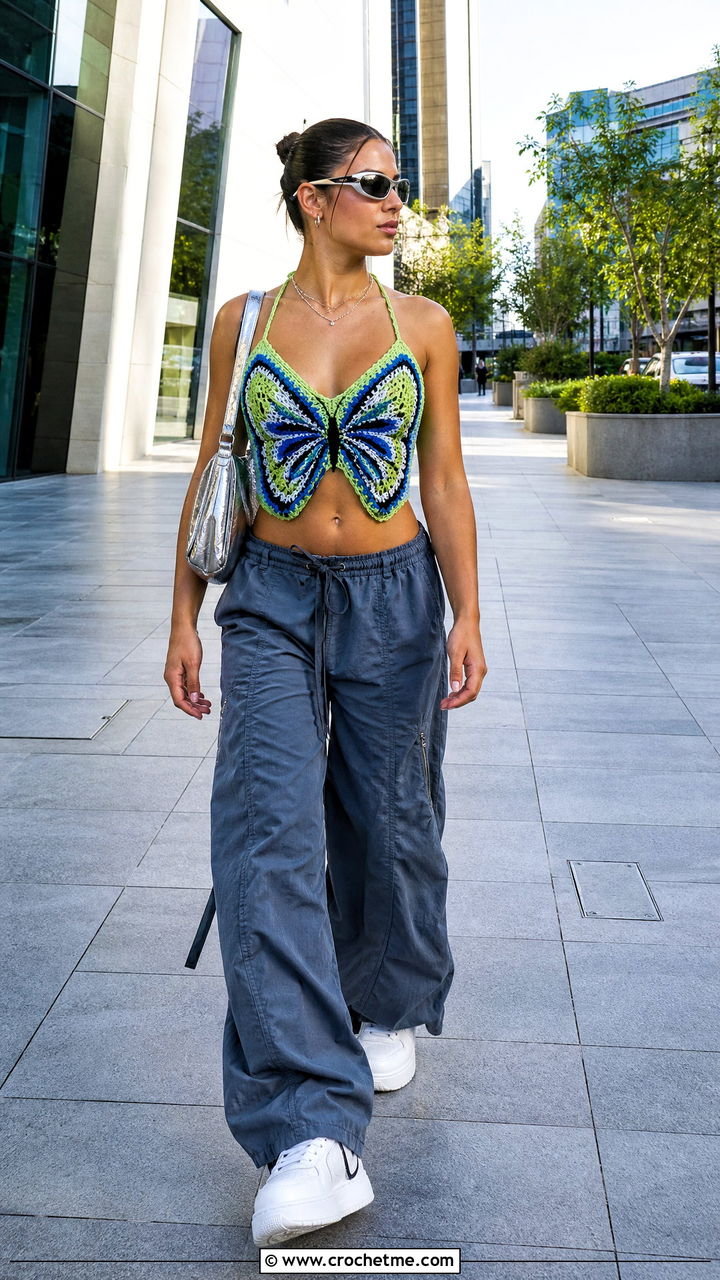 Color Block Butterfly Crochet Top With Parachute Pants - 35 butterfly crochet top outfit ideas