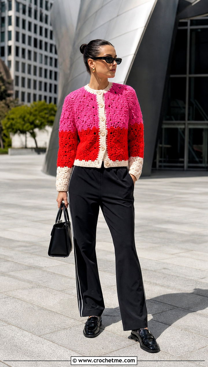 Color Block Button Cardigan With Track Pants - 25 Crochet Button Cardigan outfit ideas