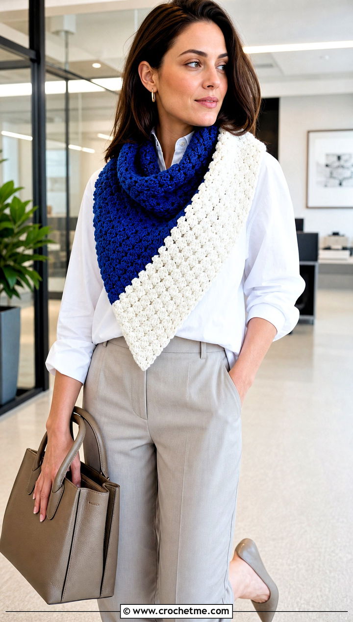 Color Block C C Triangle Scarf With White Shirt And Trousers - 35 c2c crochet scarf outfit ideas