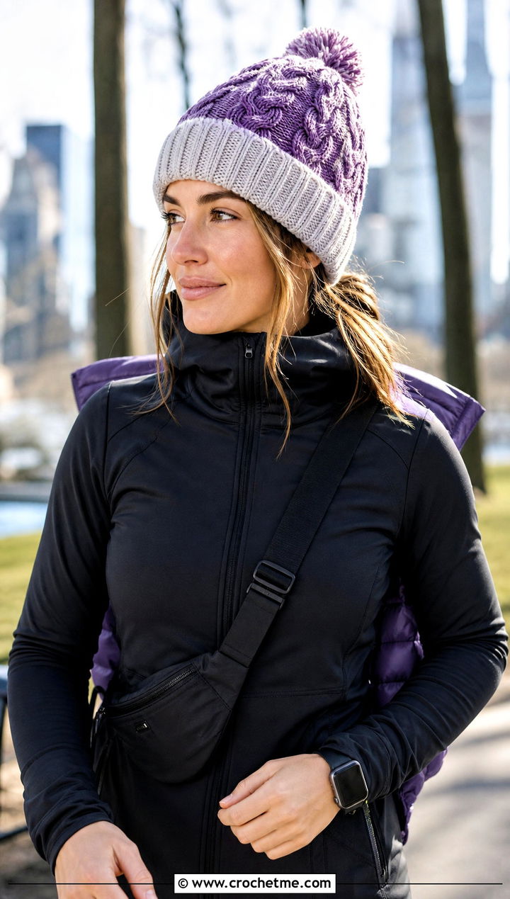 Color Block Cable Beanie With Running Jacket - 20 Crochet Cable Stitch Beanie outfit ideas