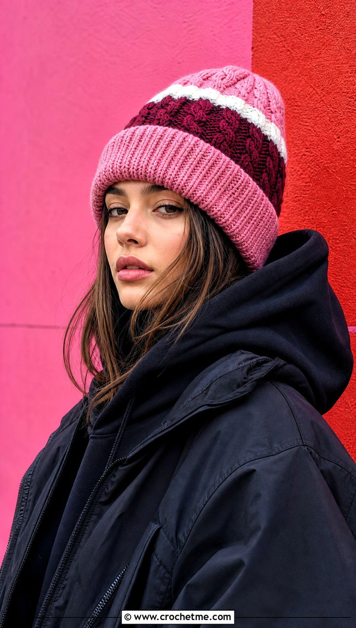 Color Block Cable Beanie With Streetwear Layers - 25 Crochet Cable Stitch Hat outfit ideas