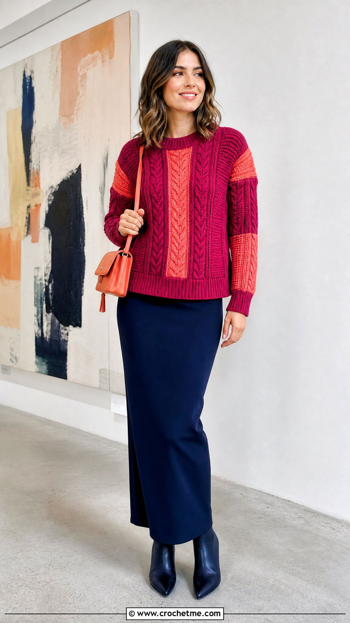 Color Block Cable Sweater With Column Skirt - 35 crochet cable sweater outfit ideas