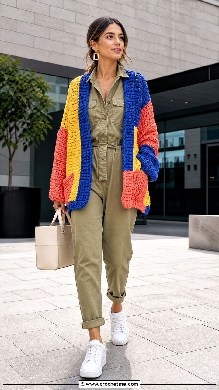 Color Block Cardigan With Utility Jumpsuit - 35 chunky crochet cardigan outfit ideas