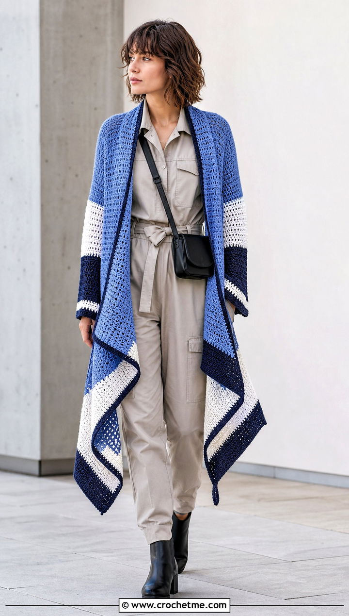 Color Block Cascade Crochet Cardigan With Utility Jumpsuit - 15 cascade crochet cardigan outfit ideas