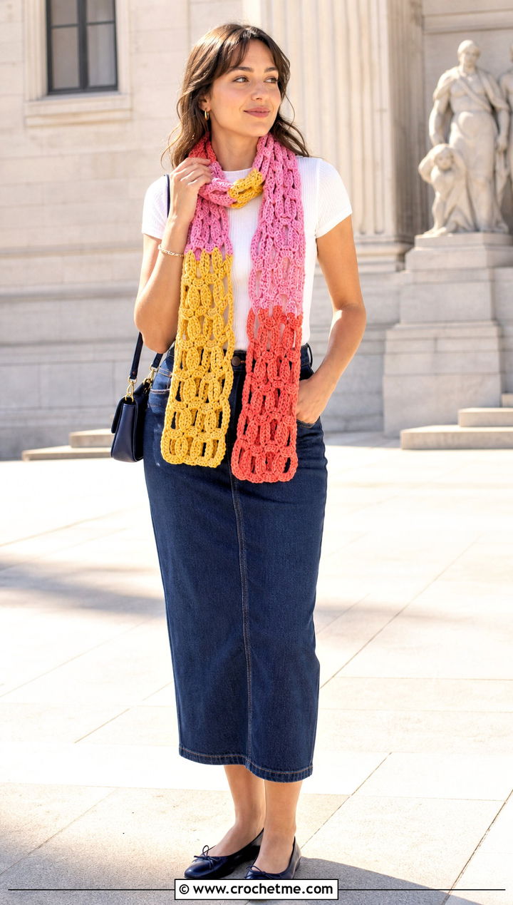 Color Block Chain Link Crochet Scarf With Denim Skirt And Ballet Flats - 15 Chain Link Crochet Scarf outfit ideas