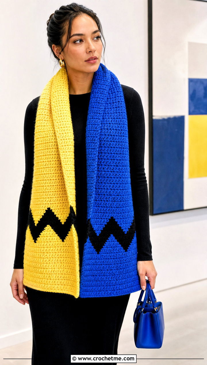 Color Block Charlie Brown Scarf With Monochrome Dress - 15 Crochet Charlie Brown Scarf outfit ideas