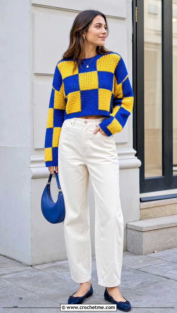 Color Block Checkered Crochet Sweater With Barrel Jeans - 30 checkered crochet sweater outfit ideas