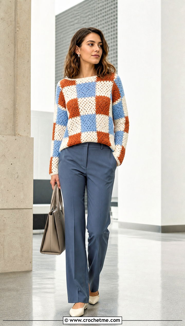 Color Block Checkered Sweater With Matching Suit Pants - 30 crochet checkered sweater outfit ideas