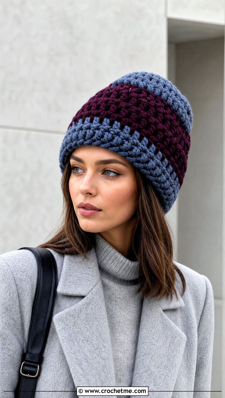Color Block Chunky Beanie With Monochrome Outfit - 35 crochet chunky beanie outfit ideas